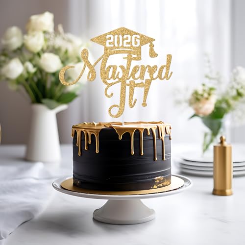 2026 Graduation Cake Topper - Happy Masters Degree Gold Glitter
