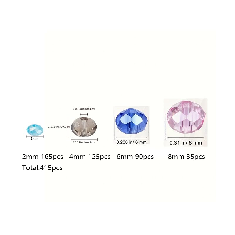 415pcs Mixed Crystal Glass Beads for DIY Jewelry Making - 2mm to 8mm