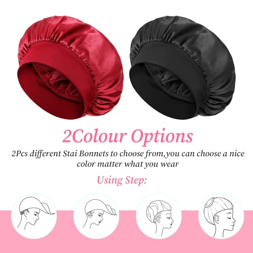JIYIN 2-Pack Silk Bonnet for Sleeping Satin Hair Wrap (Black & Red)