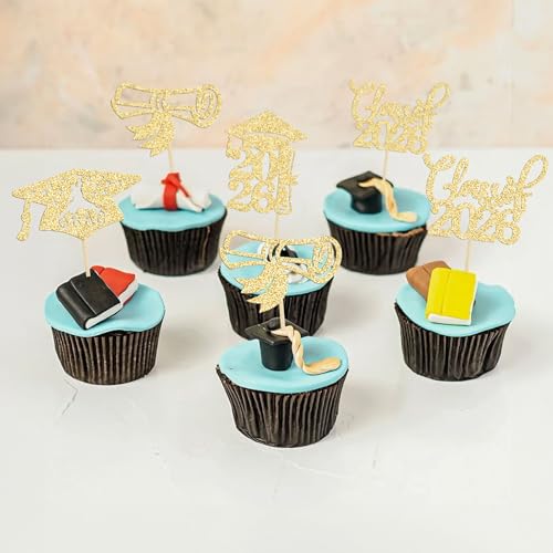 2026 Graduation Cupcake Toppers - 24Pcs Glitter Party Decorations