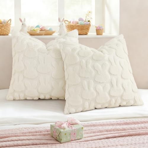 Cream White Faux Fur Bunny Throw Pillow Covers - Set of 2, 18x18