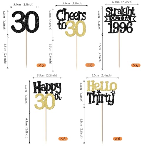 30 Pack Happy 30th Birthday Cupcake Toppers – Glitter Decorations