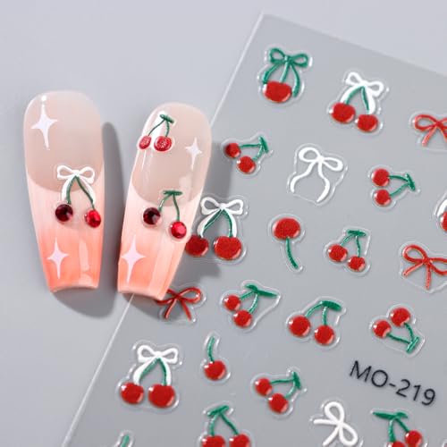 Cherry Nail Art Stickers 2 Sheets Cute Red Bow Self-Adhesive Decals
