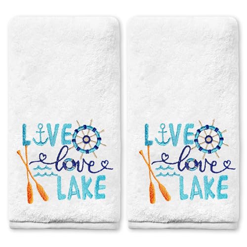 Embroidered Lake House Hand Towels Set of 2 - Soft Cotton, 14x30 Inches