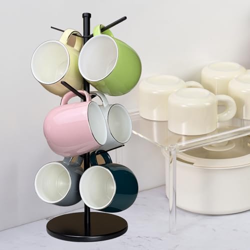 Metal Mug Tree with Bamboo Base - 6 Hook Cup Holder Rack
