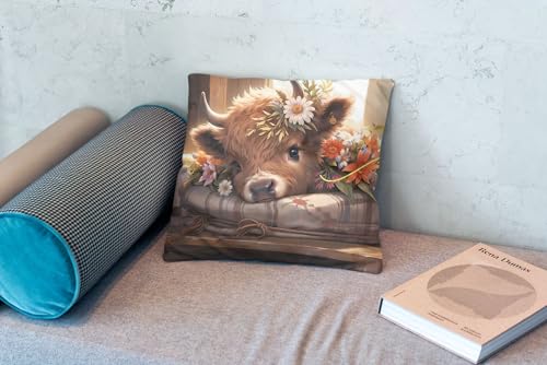 OFlich Highland Cow Pillow Cover 18x18 - Floral Spring Design