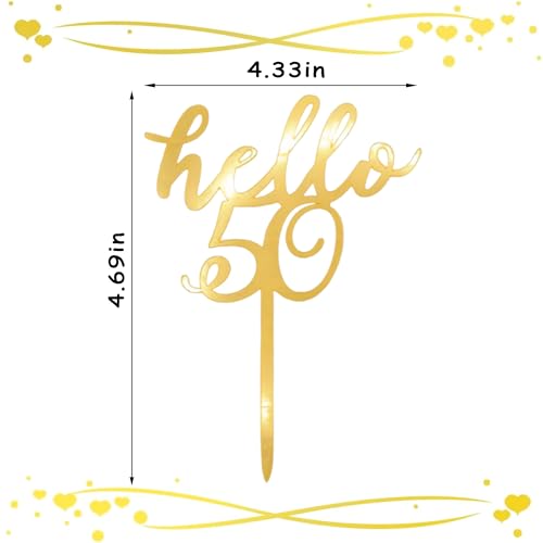Hello 50 Cake Topper - Gold Acrylic for 50th Birthday & Anniversaries
