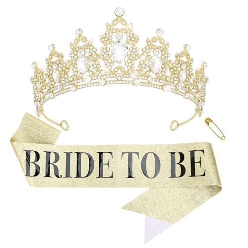 Bride to Be Gold Crown and Sash Set Rhinestone Tiara Party Gift