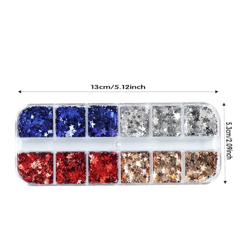 MIXFOSAHN 4th of July 3D Holographic Star Nail Art Sequins & Glitters, 12 Grids