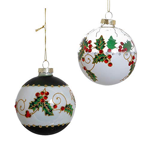 Holly Leaves and Berries Glass Ornament Set - 80mm Holiday Decorations