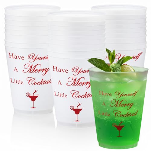 Christmas Cocktail Plastic Cup Set - Frosted Red Party Cups with Funny Frosted Cup Variation