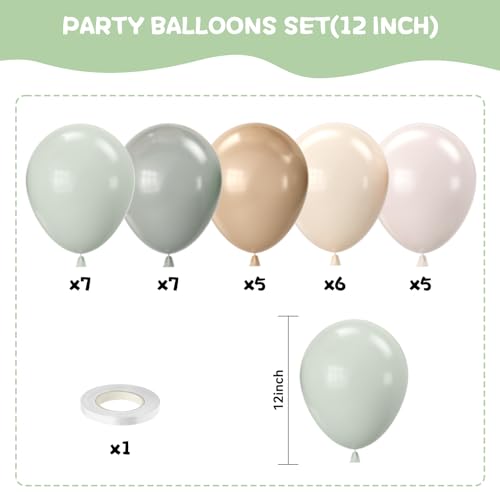 FEYG 12 Inch Retro Dusty Green & Beige Latex Balloons - 30 Pack