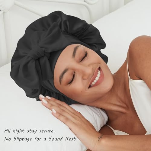Satin Silk Sleep Bonnet for Women Large Hair Cap with Tie Band