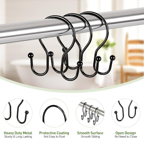 Resze Black 12PCS Heavy-Duty Metal Shower Curtain Hooks - Rust-Resistant & Smooth Gliding