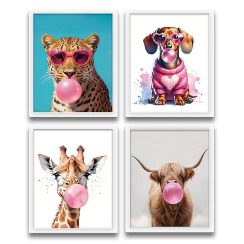 Funny Animal Wall Art Prints Set of 4 Trendy Bubble Gum Pictures 8x10