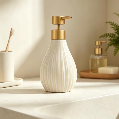 Beige Ceramic Soap Dispenser with Gold Pump - 10 Oz for Kitchen & Bathroom