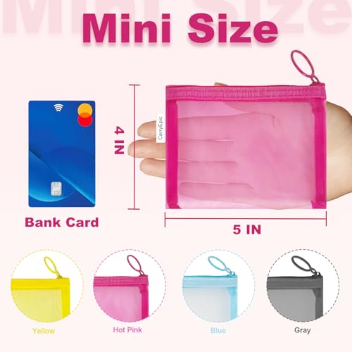 CarryEpic Mini Mesh Pouches - 4 Pack Small Zipper Bags for Purse