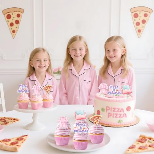 24 Pizza and Pajamas Cupcake Toppers for Birthday Parties