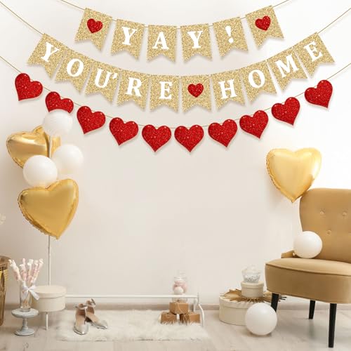 Peryiter Gold Glitter Welcome Home Banner - Pre-Strung Party Decoration