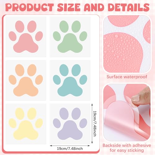 30 Pcs Pastel Paw Print Floor Decals, 7.5" Self-Adhesive Dog Footprint Stickers