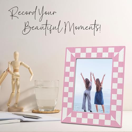 Pink Checkerboard Wooden Photo Frame for 4x6 Pictures - Aesthetic Tabletop Decor & Gift
