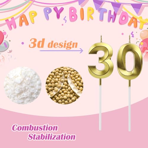 Gold 30th Birthday Candles - Premium Number Cake Toppers