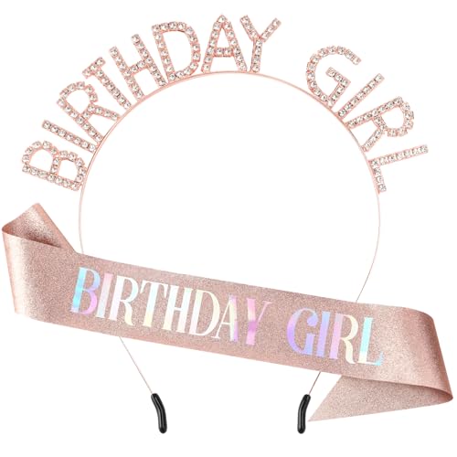Rose Gold Birthday Girl Tiara and Sash Set - Adjustable Crown & Ribbon