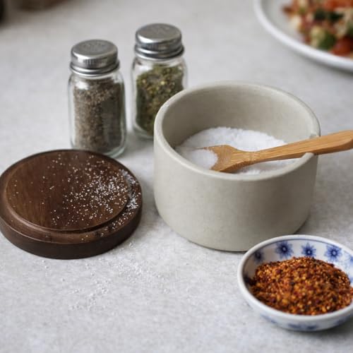 Handmade Ceramic Salt Cellar with Acacia Wood Lid & Spoon - 3.5"