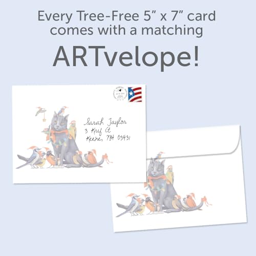 Whimsical Bird and Cat Christmas Cards - Eco-Friendly Recycled 10 Pack