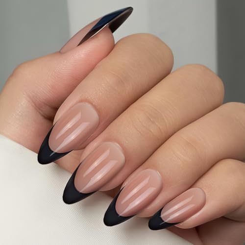 Black French Tip Press On Nails - Short Almond Fake Nails Kit