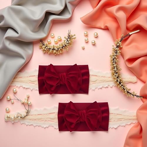 Baby Girls Velvet Bow Headbands 2-Pack Stretchy Wide Turban Hair Accessories