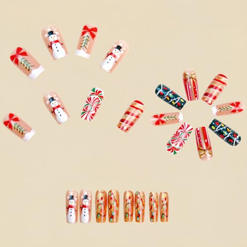 Christmas Press On Nails Medium Coffin Snowman False Nails 24Pcs