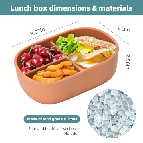 Leakproof Bento Box - 1 Pack Silicone Lunch Container with 3 Compartments