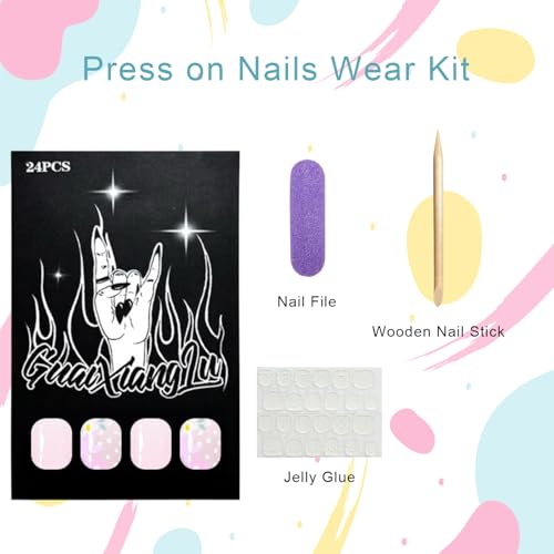 Short Square Floral Press on Nails with Pink Glitter and Glue