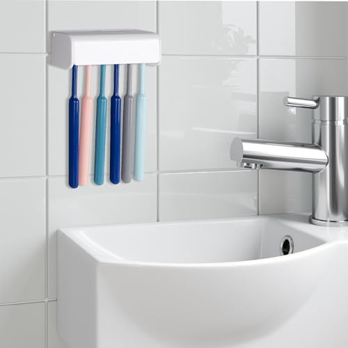 LUEXBOX White 6 Slots Wall Mount Toothbrush Holder with Cover - Self Adhesive Bathroom Storage Organizer - 1 Pack