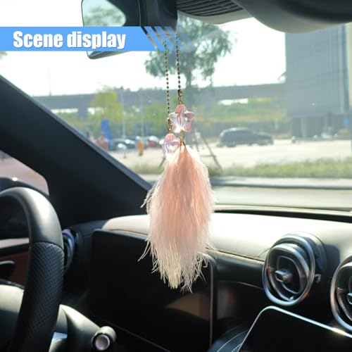 Car Rearview Mirror Charm - Fuzzy Feather & Resin Star Pendant
