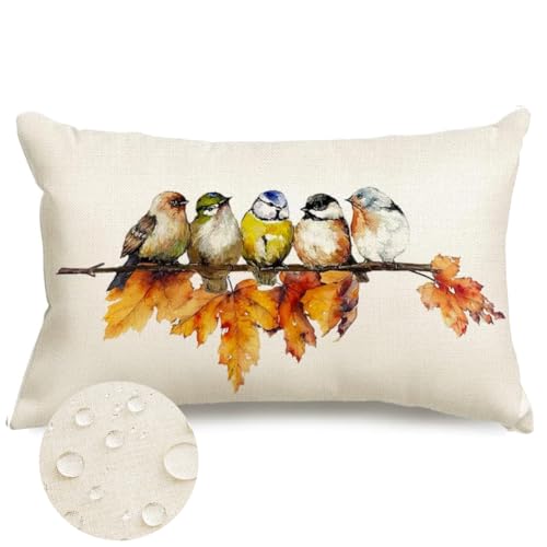 RABUSOFA Fall Bird Throw Pillow Cover, Waterproof Linen, 12x20 Inch