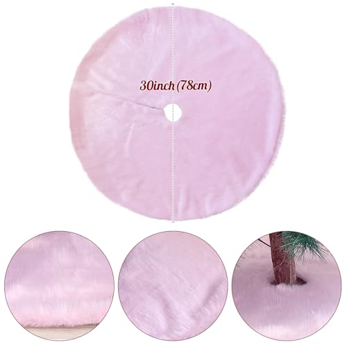 Pink Plush Christmas Tree Skirt 30 Inch Faux Fur Holiday Decor - Amidaky