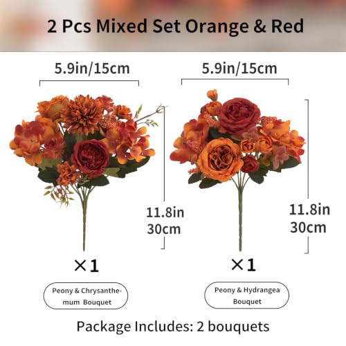 2 Pcs Artificial Fall Peony & Hydrangea Bouquet - Orange Red Silk Flowers