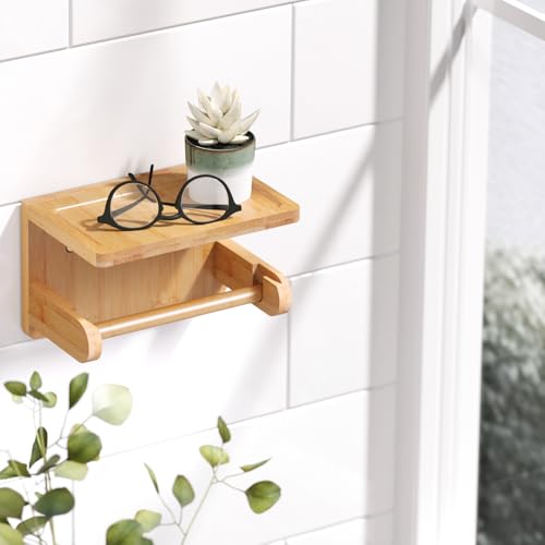 Bamboo Toilet Paper Holder with Phone Shelf - Wall Mounted Organizer