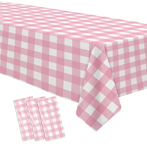 Pink Gingham Disposable Tablecloth - 55x86in, 3 Pcs Party Decor
