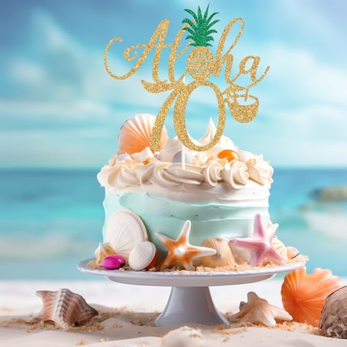 Aloha 70 Cake Topper - Gold Glitter Hawaiian Birthday Decorations
