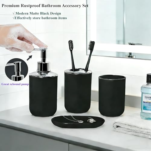 TOJKYBLYU Black 4-Piece Matte Bathroom Accessories Set - Soap Dispenser Toothbrush Holder Rinse Cup Soap Dish for Home Decor