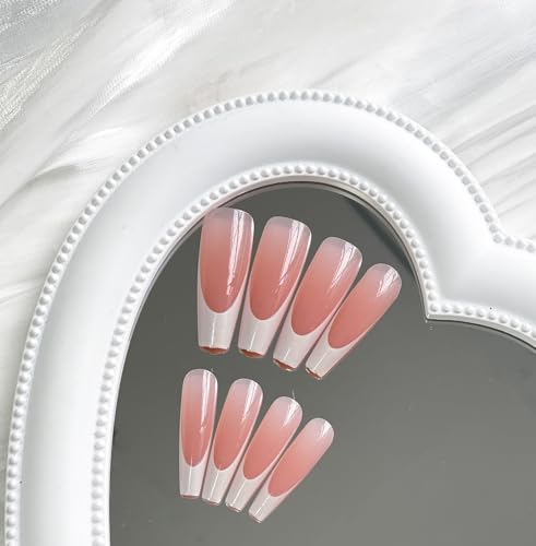 MABKJLF Long Coffin Press on Nails - French Tip Pink False Acrylic Nails