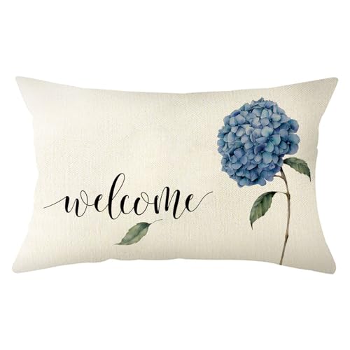 Watercolor Hydrangea Welcome Throw Pillow Cover - 12x20 Inch Floral Cushion Case