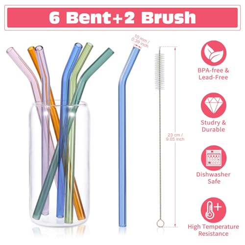 Colorful Reusable Bent Glass Drinking Straws - Set of 6 with Brushes