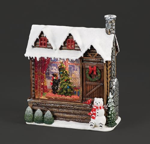 Rustic Snow-Covered Cabin Christmas Decor with Black Bear and Lights - 9 Inch