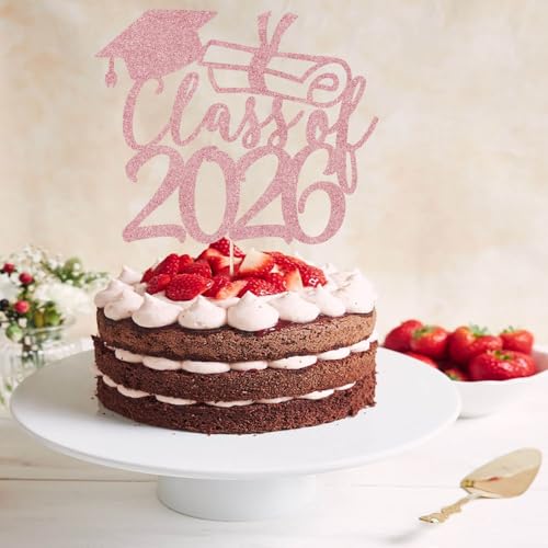 Class of 2026 Rose Gold Glitter Graduation Cake Topper