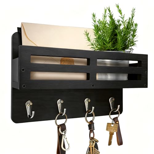 KISENG Rustic Wall-Mounted Key and Mail Holder, 10.2-Inch Black Key Rack