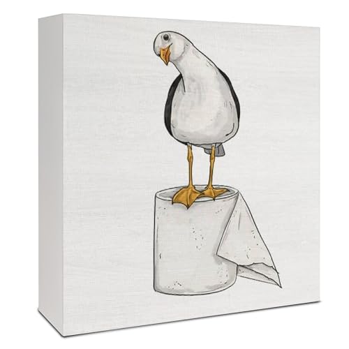 Seagull Wooden Box Sign - Coastal Bathroom Decor, 5x5 Inch